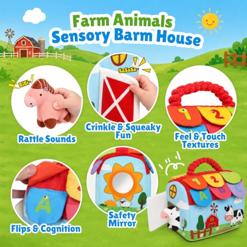 Baby Toy Barn with Plush Stuffed Farm Animals Baby Sensory Toy Tummy Time Learning Toy Soft Soothing Toys for Babies 0-36 Months Baby Shower 1st Birthday Gifts - color: Mix