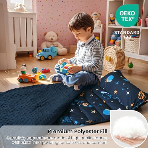 david's kids Minky Toddler Nap Mat with Removable Pillow and Minky Fleece Blanket, 55"x23",Soft Slumber Bags for Boys, Perfect for Preschool, Daycare, Kids Sleeping Bags with Rollup Design, Space - color: Space