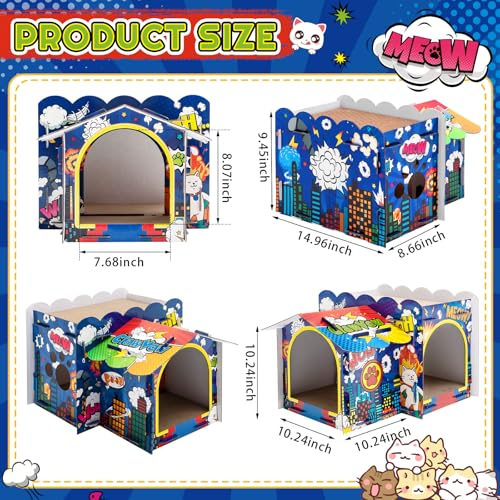 Lineshading 2 Story Cardboard Cat House with Scratcher Pad, Multi Level Durable Cat Scratcher House for Small Kitten Bunny Rabbit Animals Christmas Birthday Gift(17x12x10,Hero) - style: Hero