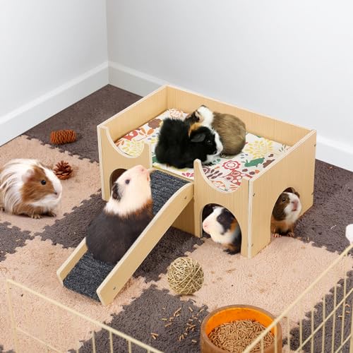 MEWTOGO Upgraded Sturdy Wooden Guinea Pig Castle with Stairs & Mat | Easy to Assemble, Sturdy, Playing Hiding House, for Hamsters Bunny Chinchillas Small Animals - size: Large