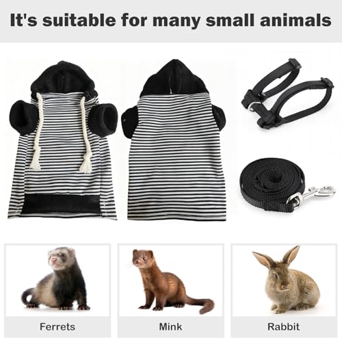 Small Pet Harness Vest and Leash Set Ferret Clothes Hoodies for Ferrets for Outdoor Walking Rabbit Ferret Guinea Pig Bunny Hamster Puppy Kitten (Black and White Striped Clothes + Leash) - color: Black and white striped clothes + leash