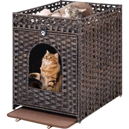 Snughome Cat Litter Box Enclosure Furniture Hidden with Litter Mat, Hidden Cat Washroom Furniture with Door, Handwoven Rattan Cat Washroom Box, Indoor Pet House for Living Room, Bedroom (Brown) - color: Brown