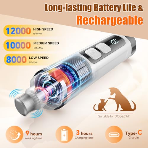 Dog Nail Grinder Electric Powerful 3 Speeds Dog Nail Clippers with Lights Quiet Cat Nail Clipper Painless Care Trimmers Tools for Small Medium Large Dogs and Cats (Black) - color: Black
