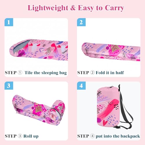 Kids Sleeping Bag for Girls, Portable 3 Season Sleeping Bag | Sleeping bag for girls youth, ideal for sleepovers, travel and camping. Includes a carry bag and is machine washable.