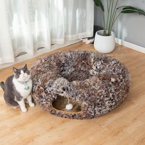 Warm Fluffy Plush Cat Tunnel Bed with Washable Cushion- Big Tube Playground Toys 3 FT Diameter Collapsible, for Indoor Cat Kitty Kitten Puppy Rabbit Ferret Leopard Print - color: Leopard