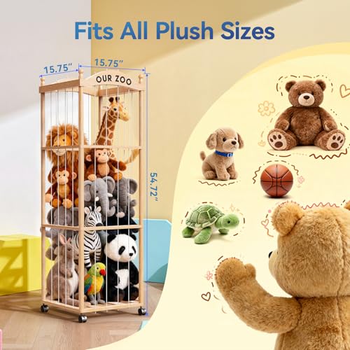 Stuffed Animal Storage Zoo Tower, Large Capacity Wooden Stuffed Animal Holder with Wheels, Space-Saving Toy Storage Organizer, Stuffy Plushies Storage for Nursery, Playroom & Bedroom