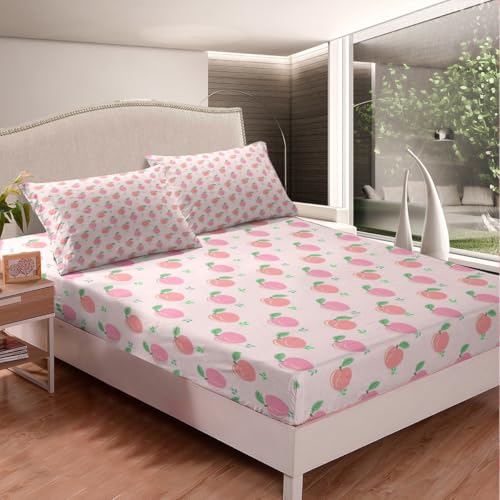 Erosebridal Cartoon Pink Peach Bed Sheets Kid Kawaii Sheet Set Girl Lovely Peach Fitted Sheet Cute Fruits Tropical Plant Bedding Set Lightweight Flat Sheet Twin Size 3Pcs Bedroom Decor - color: Multi 03, size: Twin