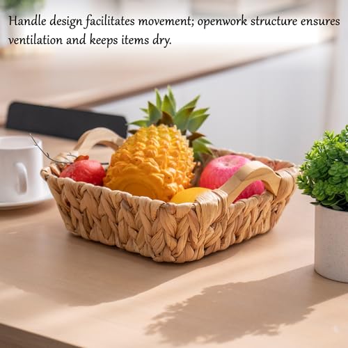 Square Small Water Hyacinth Wicker Basket for Organizing | Decor Woven Storage with Wooden Handles, Perfect for Shelves, Snack, Countertops or as Gift Basket