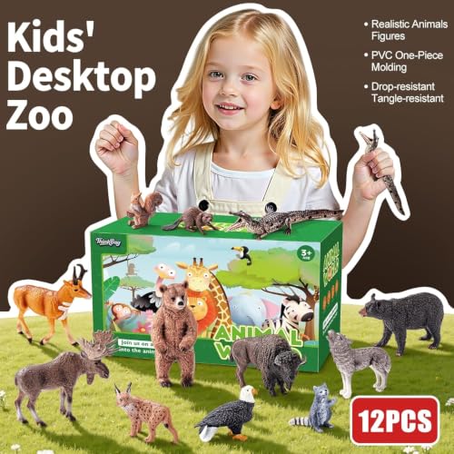 12PCS Solid North American Woodland Forest Animal Figurines Set | Realistic Wildlife Animal Toys, Educational Learning Playset, Birthday Party Favor Cake Topper Gifts for Toddlers Kids 3-13