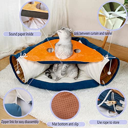 LEFTSTARER 2-in-1 Collapsible Cat Tunnel for Indoor Bed and Hideout - Pet Dog Rabbit Bunny Ferret Tunnel Tubes Toys with Removable Washable Mat, Tower Wheel Stuff - color: 4.Cat Paw Print Blue