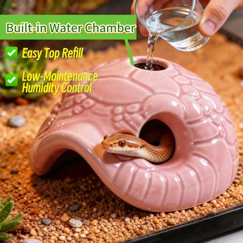 Snake Head Reptile Hide Cave, Pink | Small Ceramic, Gecko Hideout with Water Reservoir, Mini Terrarium Decor, For Juvenile Snake, Lizard, Frog - color: Pink
