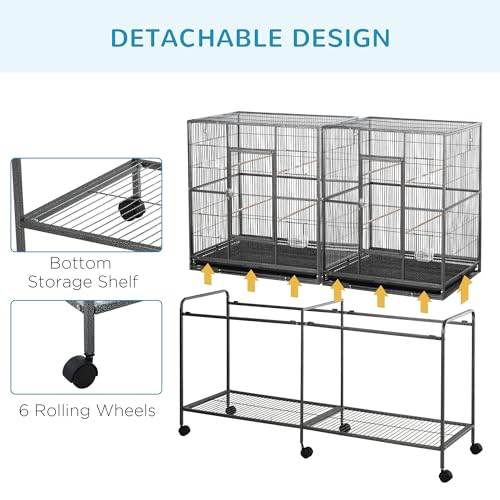 PawHut 65" Double Rolling Metal Bird Cage with Divider, Large Parrot Cage for Parakeet, Canaries, Lovebirds, Budgie, Finch, with Detachable Rolling Stand, Storage Shelf, Wood Perch & Food Container | for Parakeet, Canaries, Lovebirds, Budgie, Finch, Detac