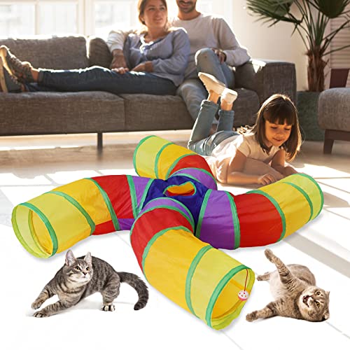 Bemodst S-Type Cat Tunnel, 2 Way/3 Way/4 Way/5 Way Collapsible S-Shape Small Animal Tubes Kitty Tunnels Interactive Maze House Toy with Storage Bag for Kitten Puppy Rabbit Guinea Pig (Rainbow-4 Way) - color: Rainbow-4 Way