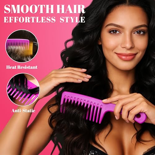 SALONSILK 6PCS Professional Comb Set, Edge Brush Wide Tooth Rat Tail Fine Tooth Hair Combs for Women&Men, Braiding Cutting Barber Styling Curly Parting Set for Curls, Natural Black Hair - color: Rose red-6PCS
