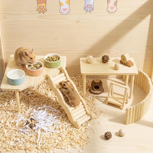 BreezeHug 4 Pcs Hamster Cage Accessories Hamster Platform Hideout Wooden Tunnel Ladder Playhouse Game Climbing Toy with Platform for Pets Dwarf Syrian Mice Degus Gerbils Squirrel(Climber) - style: Climber