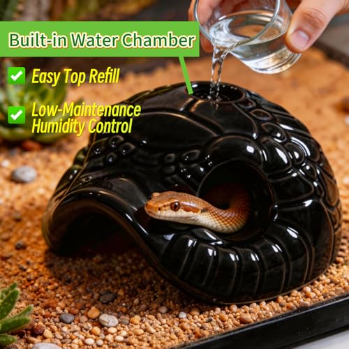 Snake Head Reptile Hide Cave, Black | Small Ceramic, Gecko Hideout with Water Reservoir, Mini Terrarium Decor, For Juvenile Snake, Lizard, Frog - color: Black