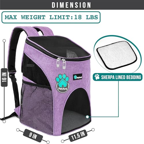 PetAmi Cat Backpack Carrier, Airline Approved Pet Carrier Backpack for Small Dogs and Large Cats, Soft Sided Collapsible Ventilated with Sherpa Bed for Hiking Travel, Max 18 lbs, Heather Purple - color: Heather Purple