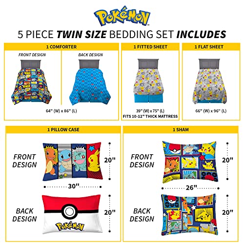Pokémon Pikachu Twin Size Bedding, Kids Bedding Super Soft Cozy Reversible Comforter and Sheet Set with Sham, 5 Piece Twin Size, (Officially Licensed Product) by Franco - color: Pokemon, size: 5 Piece Twin Size