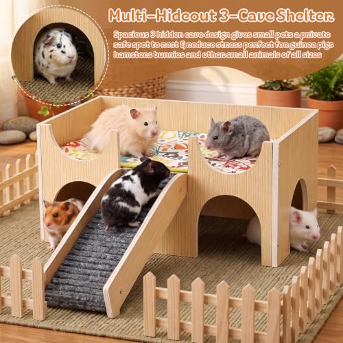 Large 2-Tier Guinea Pig Castle Hideout with Non-Slip Ramp for Small Animals | Play, Climb & Rest，Fun Toy & Cozy Hideout，Sturdy & Durable，Chew-Resistant Wood，Easy Assembly，for Hamsters, Bunny, Chinchillas