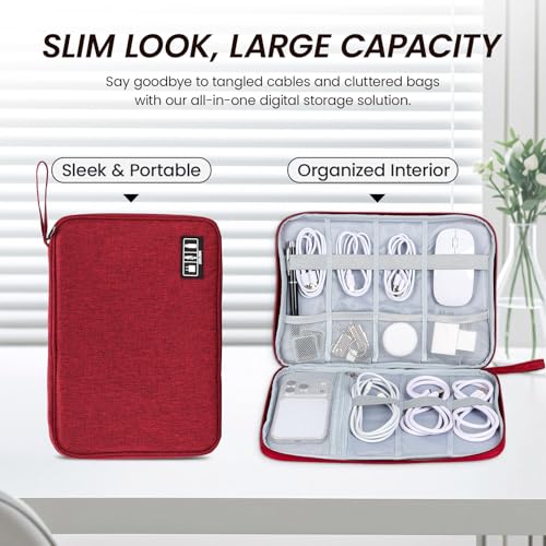 Cable Organizer Bag, Electronics Organizer Case for Tech Accessories | Store chargers, cables, power banks and adapters with elastic loops, mesh pockets and organized compartments for travel. - color: red, size: L