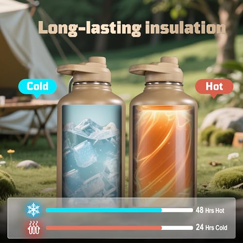ONETIGRIS 64oz Tactical Insulated Water Bottle with 3 Lids & MOLLE Pouch | 48H Cold and 24H Hot Double Wall,304 Stainless Steel Wide Mouth,BPA Free Leakproof Silicone Seal，Paracord Handle Easy Carry - color: Brown