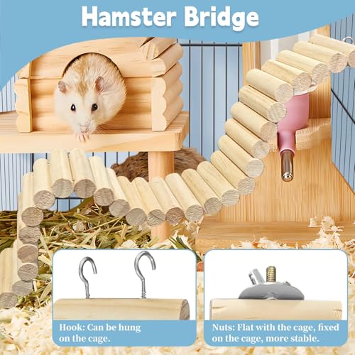 kathson 2Pcs Wooden Hamster Suspension Ladder Bridge,Bendable Long Climbing Ladders Pet Cage Toy Accessories Hideout Natural Chew Balls for Mouse Chipmunk Rabbits and Other Small Animals - size: 15.7 x 2.4 inches