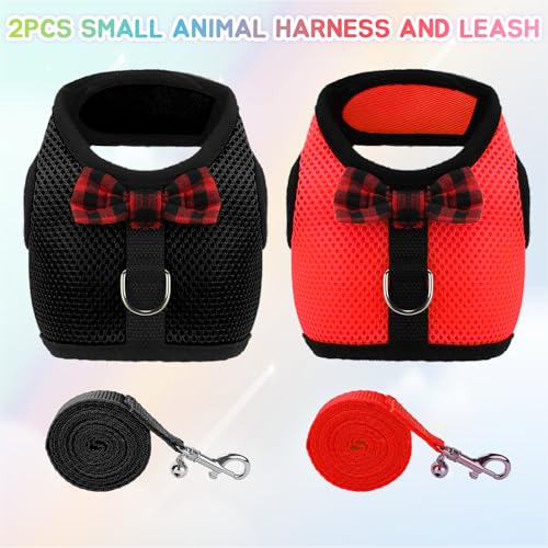 2pcs Animal Harness and Leash, Ferret Harness No Pull Mesh Black Red,S | Soft Mesh Comfort, Bell for Outdoor Walks, Velcro Easy-On Fit, 4.4 ft Leash, for Baby Ferrets, Rats and Guinea Pigs - color: black+red, size: Small (Pack of 2)