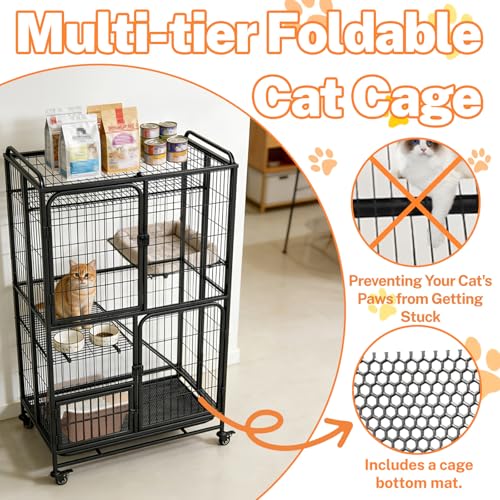 Multi-Tier Collapsible Cat Cage Crate, Metal Wire Cat Enclosures for Indoor | Cat playpen with 360° Wheels and Secure Lock,Large Ferret Kennel for Adult Cats Kitten Chinchilla (Black 4-Tier)