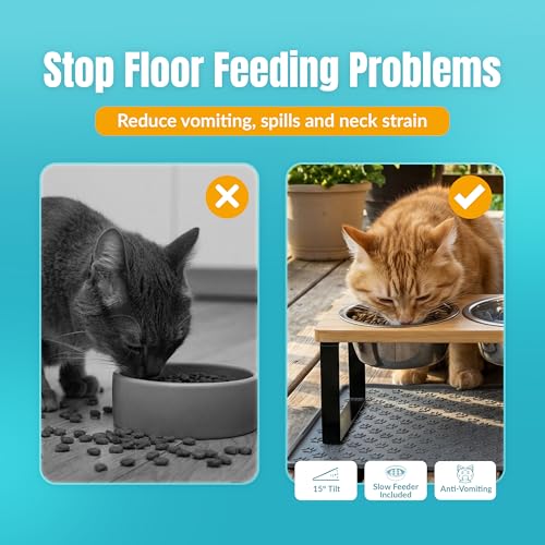 Elevated Cat Food Bowls, 3 Bowl Elevated Cat Feeding Station with Mat | Raised Cat Food Bowls Anti Vomiting,15° Tilted Cat Food Bowls & Elevated Slow Feeder Cat Bowls for healthier meals