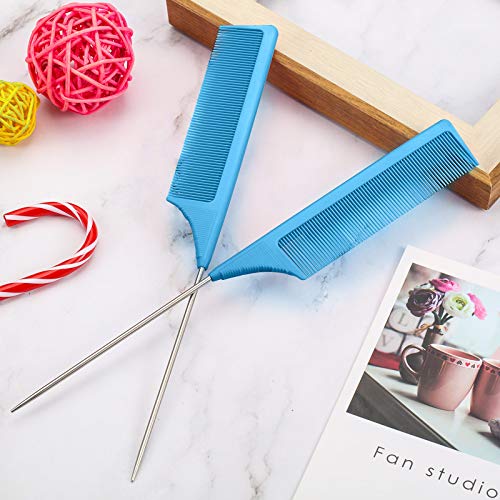 Leinuosen 3 Pack Rat Tail Comb Carbon Fiber,Blue | Steel Pin Tail for Sectioning, Heat Resistant Teasing, Pick Comb for Women Wig Styling, Fishtail Design for Salon Updos - color: Blue