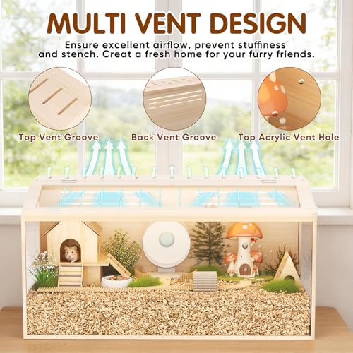 Wooden Hamster Cage, 32inch Large Hamster Enclosure with Openable Top & Stabilized Acrylic for Small Animals, Guinea Pig, Rabbit, Rat, 32" L x 16''W x 16''H Hamster Habitat with Multi-Vent - size: 32.0"L x 16.0"W x 16.0"H