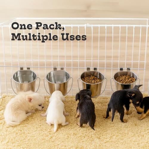 1 Quart Stainless Steel Flat Sided Bucket with Dual Hooks | 4 Pcs Durable Food & Water Bowl for Dog Cat Bird & Small Animals | Fits kennel Cage Crates Farm Hanging Pet Pail | Multipurpose - size: 1 Quart (Pack of 4)