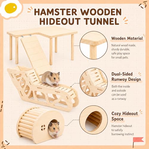 BreezeHug 4 Pcs Hamster Cage Accessories Hamster Platform Hideout Wooden Tunnel Ladder Playhouse Game Climbing Toy with Platform for Pets Dwarf Syrian Mice Degus Gerbils Squirrel(Table) - style: Table