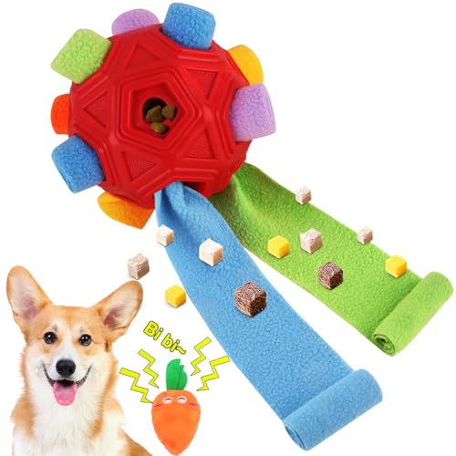 Dog Snuffle Ball-Interactive Puzzle Dog Toys Encourage Natural Foraging Skills Slow Feeder for Training and Stress Relief, Cloth Strip Hiding Food Chew Toys for Any Size Dogs, Machine Washable (Red) - color: Red