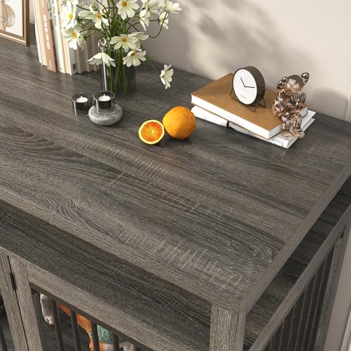 87In Farmhouse Dog Crate TV Stand, Wooden Dog Kennel Furniture with 2 Doors, Large Dog Crate Furniture for 2 Dogs, Solid Metal Tube & 4 Lockable Doors, Grey - color: Grey