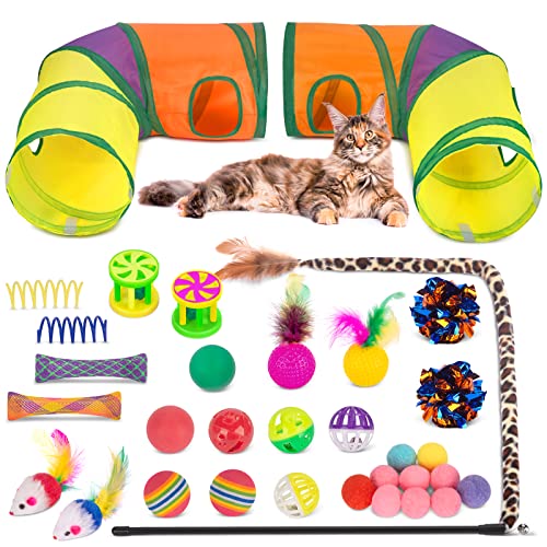 Retro Shaw 33PCS Interactive Cat Toys, Cat Play Tunnels for Indoor Cats | Collapsible, Relieves Boredom & Anxiety, Kitten Feather Wand Springs Crinkle Balls Bell Plush Mice Chew Kicker - color: Large cat tunnel toy set