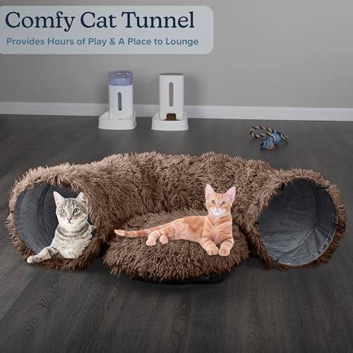 Cat Tunnel with Bed for Indoor Cats - 3FT Multifunctional Cat Tunnel Bed with Toys - Soft, Plush Peekaboo Cat Cave for Kittens, Cats, Ferrets, and Rabbits - Cat Products by PETMAKER (Brown)