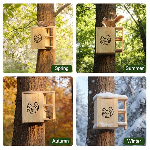 Widened Large Wooden Squirrel House Outdoor | External Platform & Porch, Squirrel Nesting Box, Squirrel Boxes for Outside, Chipmunk Houses, Easy Assembly - size: Large