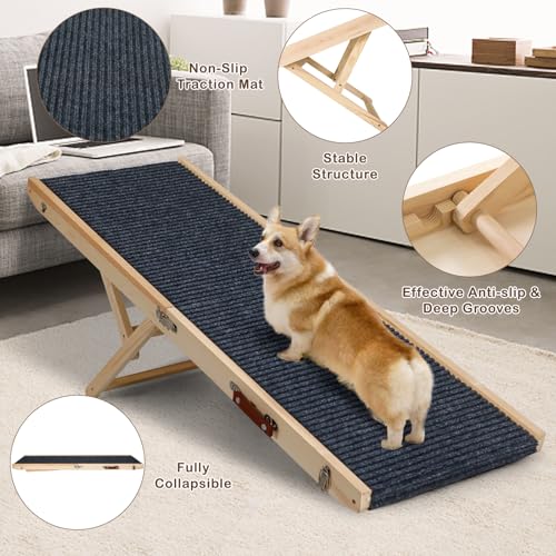 Folding Dog Ramp Safety for Bed, Wooden 5 Adjustable Height Pet Ramps, Potable Dog Steps with Non-Slip Traction Mat, Dog Step, Dogs Stairs for SUV Car, Couch, Safe,Height Bed(47.3 Inch Long) - size: 47.3 Inch Long