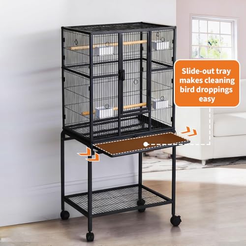 Spacious Flight Bird Cage with Rolling Stand & Storage Shelf - Durable Wrought Iron Parrot Home - Easy Clean, Ideal for Parakeets, Cockatiels, Conures, Lovebirds, Cockatoos - size: 34.1"L x 24.6"W x 4.7"H