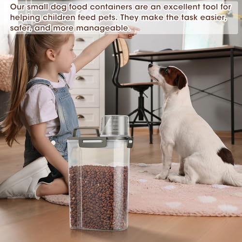 TBMax Small Dog Food Storage Container 3 Qt with Cat Food Can Cover and Mixing Spoon, Portable Travel Pet Food Dispenser with Large Spout and Cup - color: Grey 3Qt