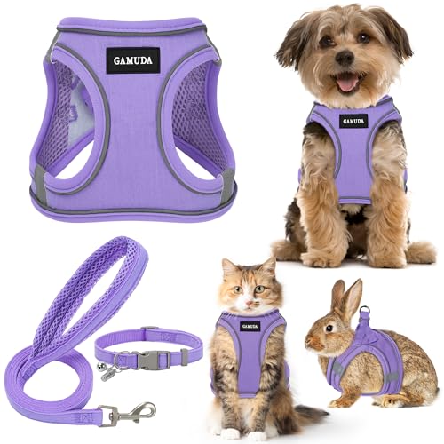 GAMUDA Small Pet Harness Collar and Leash Set, Step in No Chock No Pull Linen Fabric Soft Mesh Dog Vest Harnesses Reflective for Dogs Puppy Cats Kitten Rabbit (Purple, XXS) - color: Purple, size: XXS