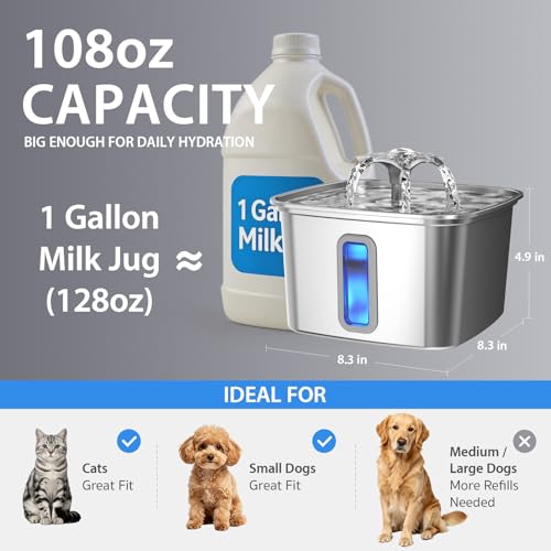 Veken Innovation Award Winner Stainless Steel Cat Water Fountain, 108oz | Automatic Pet Fountain Dog Water Dispenser with 3 Replacement Filters & Silicone Mat, Gifts for Cats, Dogs (Silver) - color: Silver