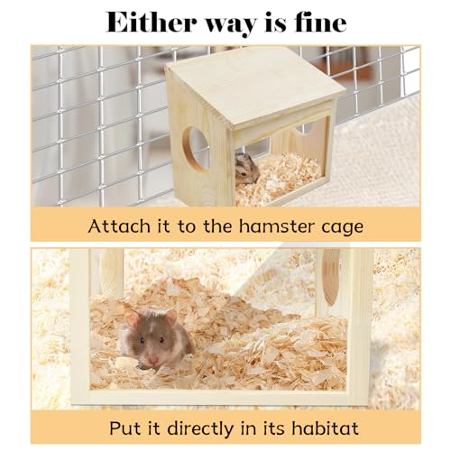 Sand Bath Box for Hamster,Visible Small Animal Digging Box Wooden Chinchilla House Hideout Dust Bath Hamster Bathroom Accessories with Acrylic Plate Chew Toys for Dwarf Syrian Gerbils Mice