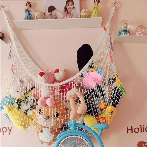 Stuffed Animal Hammock, Corner Wall Storage Net for Plush Toys, Polyester Hanging Organizer for Bedroom and Playroom Decor, White, 51 Inch, Includes Hooks - size: 1.3m