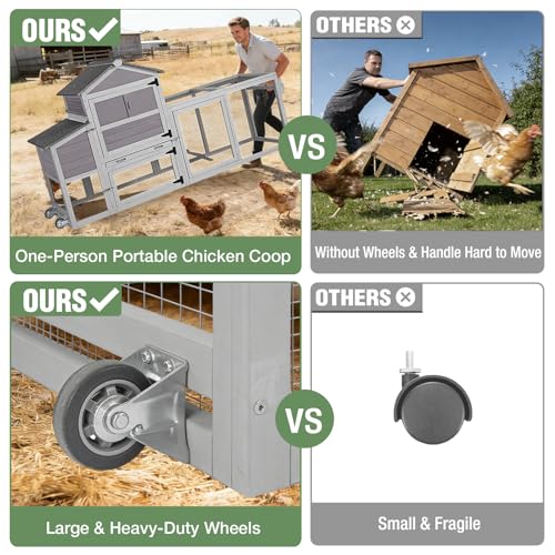 Mobile Chicken Coop with Wheels for 4-6 Chickens, Large Outdoor Hen House with Run, Weatherproof Asphalt Roof, Sectionable Nesting Box & Pull-Out Tray, 82.4" L x 25.8" W x 44.1" H - Grey - size: 82.4"L x 25.8"W x 44.1"H