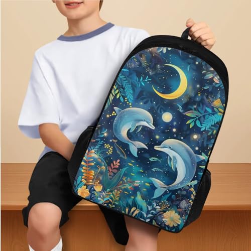Gold Moon Dolphin Backpacks for School Girls with Lunch Box Container for Kids 8th Grade Kawaii Pencil Box and Insulted Water Bottle Holder 4 Pcs Set Bookbag with Compartment for School - color: Gold Moon Dolphin