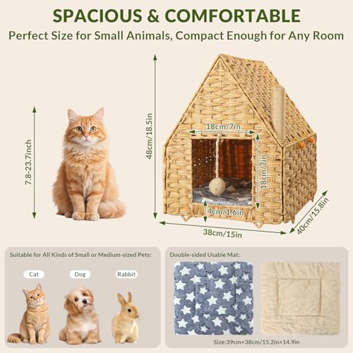 Handwoven Rattan Cat Bed for Indoor Kitten, Cat Cave Bed with Sisal Ball, Cushion & Cat Scratch Post, Foldable Hideaway Cat Hut in Bedroom Living Room, Natural - color: Natural B