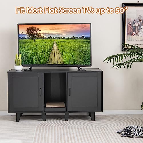 PETSITE Litter Box Enclosure for 2 Litter Boxes, Hidden Cat Washroom TV Stand End Table with 2 Cabinet, Scratching Board, Indoor Cat Litter Furniture, Patented - color: Black