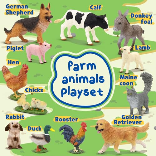 Farm Animals Toy Set, 12 Realistic Small Animal Figurines with Pets, Livestock, Poultry for Kids Ages 3+, Educational Learning Playset for Toddlers Boys Girls